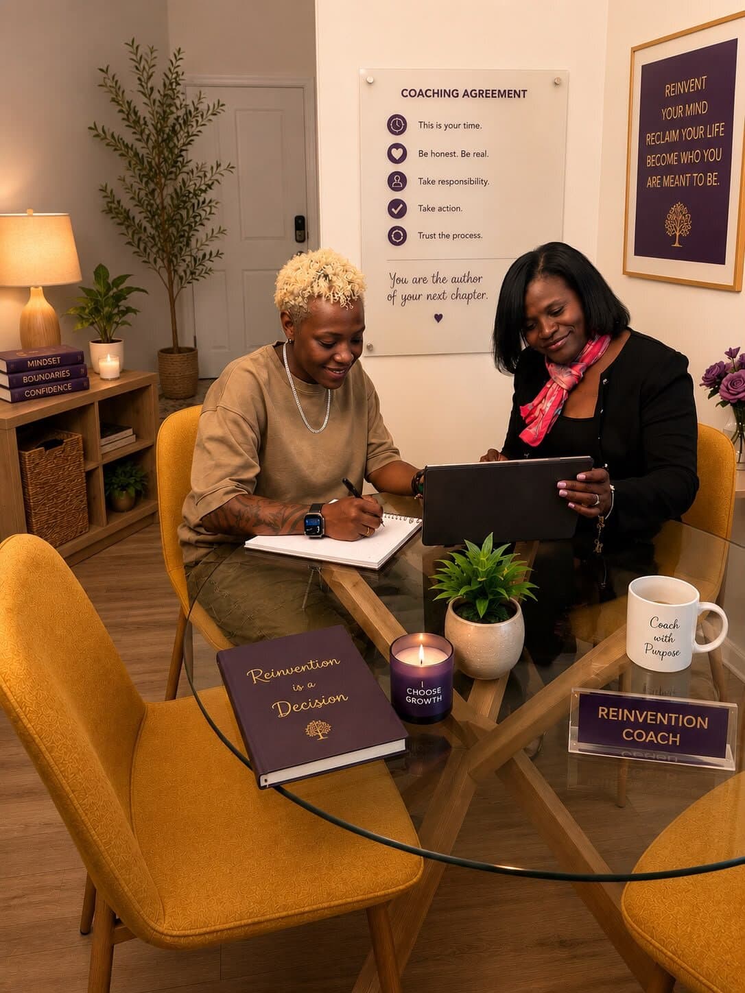 Giselle and a client reviewing notes together on a tablet in a warm coaching room