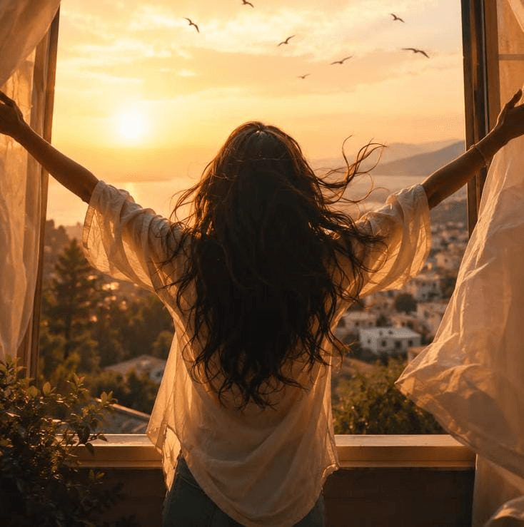 A woman throwing open her curtains to a sunrise over the hills