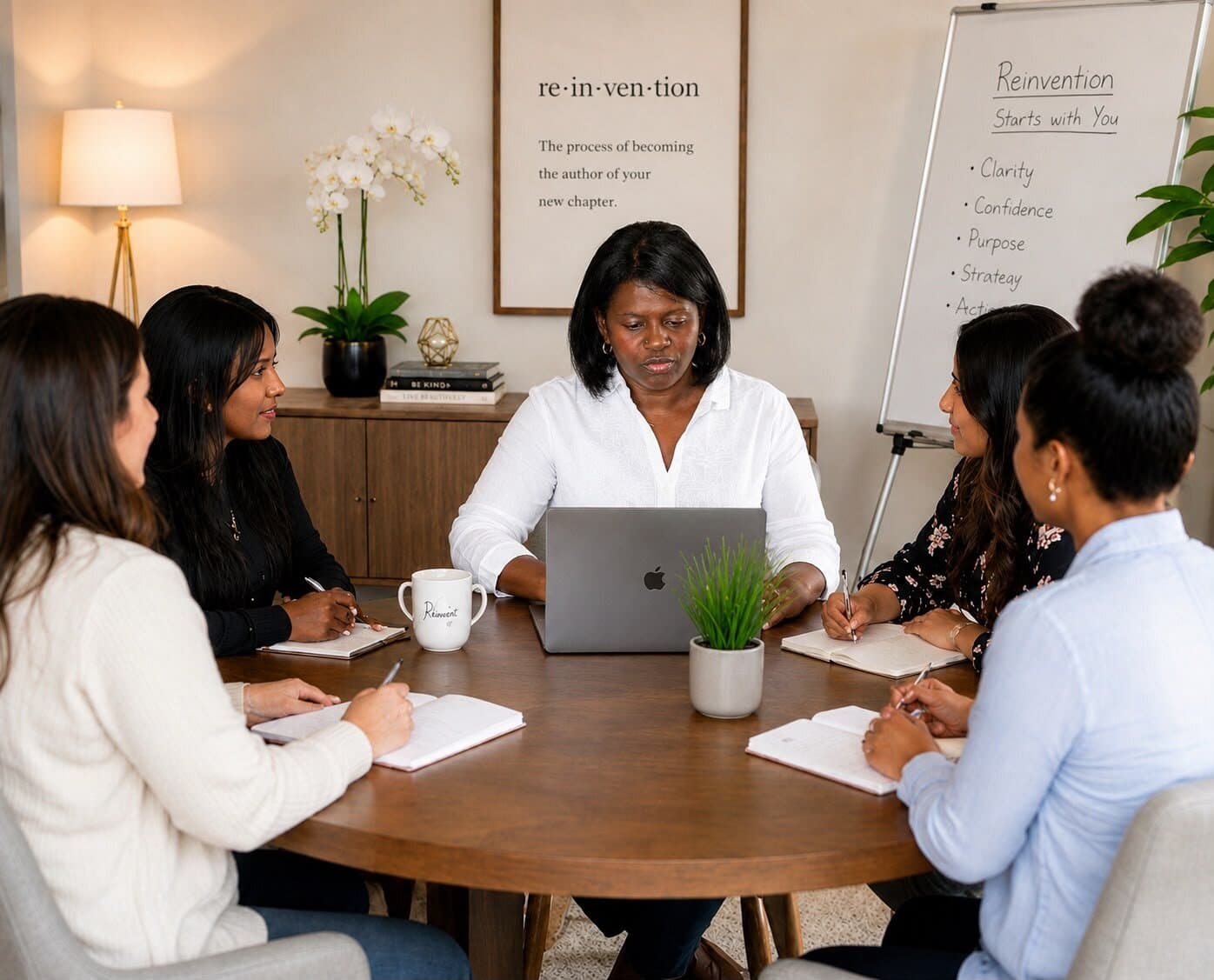 Giselle leading a small group of women seated around a table with laptops and notebooks