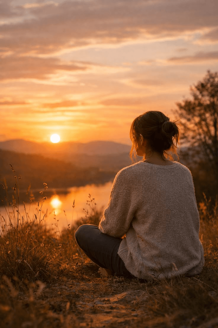 A woman sitting on a hillside watching the sunset over a lake