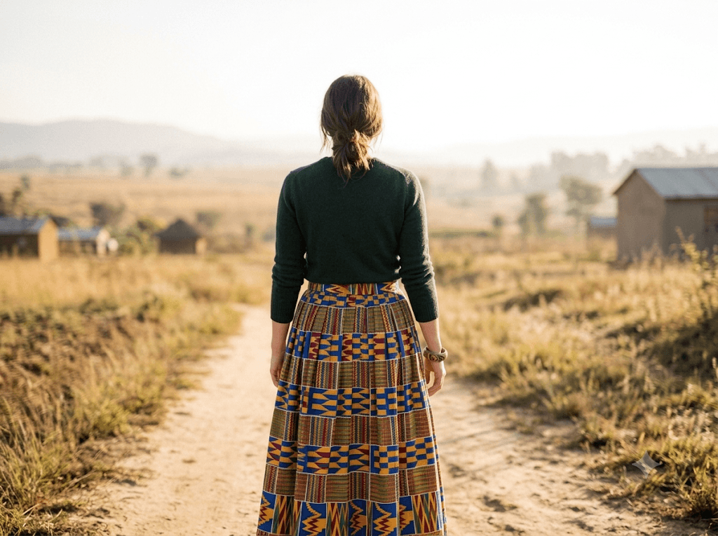 A woman walking along a countryside path toward the horizon at sunrise