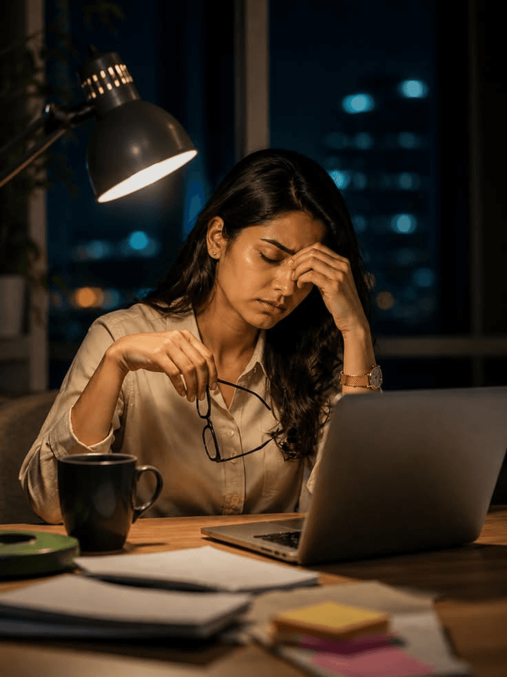 A woman working late at a lamplit desk, pausing to rub her eyes