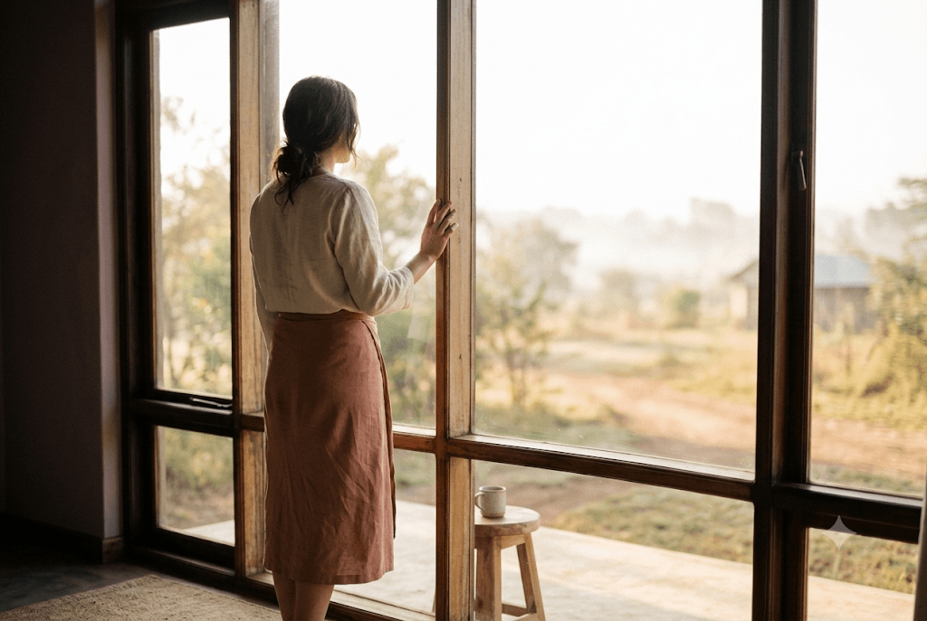 A woman standing at a window, seen from behind, looking out at a misty morning landscape