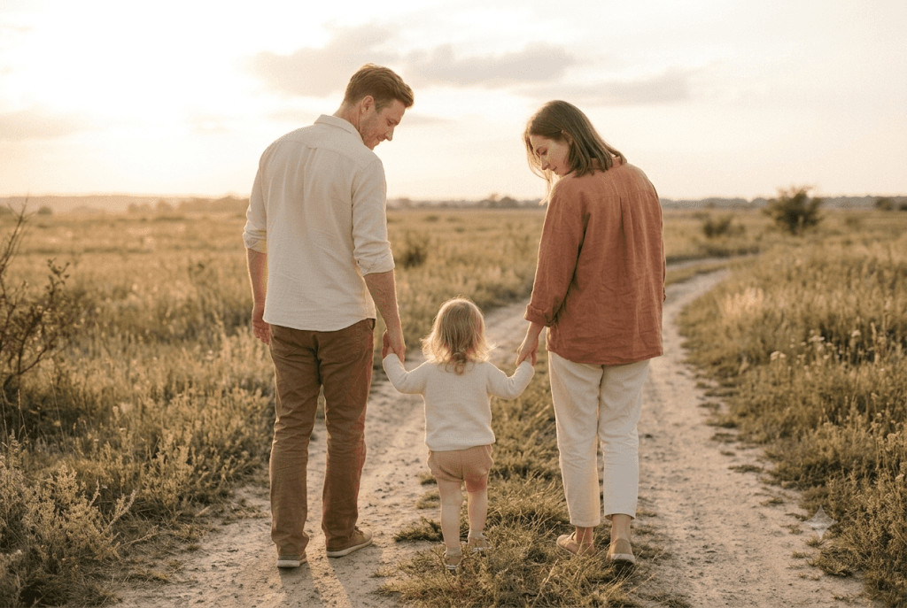 A mother and father walking along a country path with their young daughter between them, each holding one of her hands