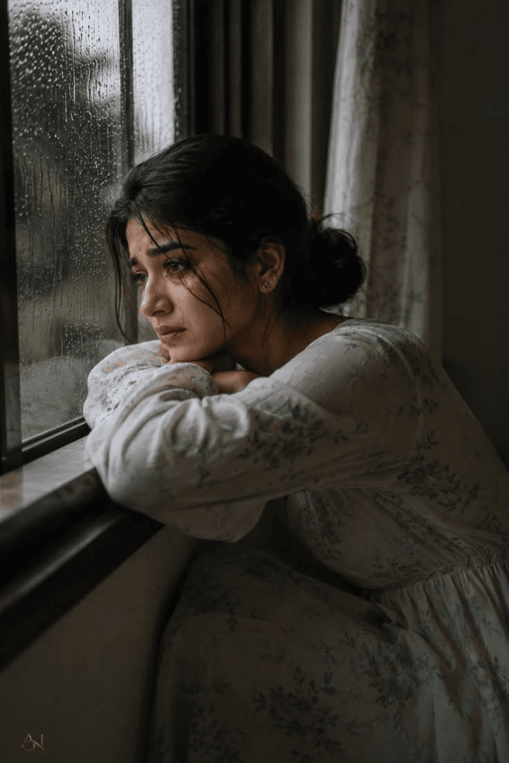 A woman resting her head on her arms, gazing out of a rain-streaked window